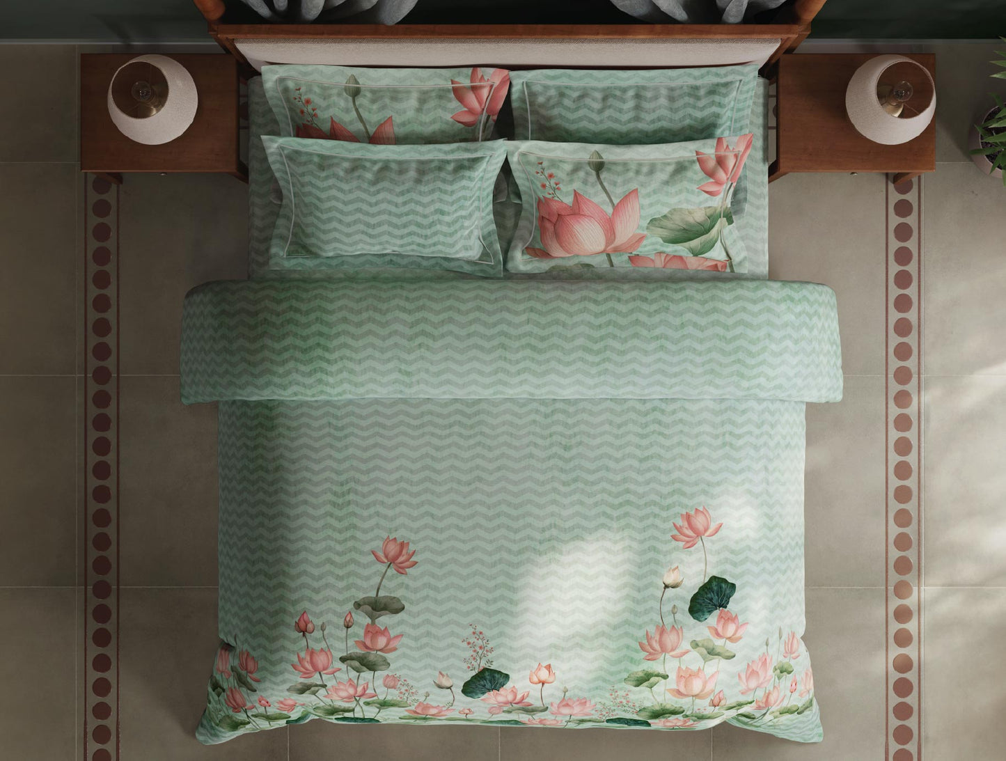 Spaces Meraki Blooms of India 100% Cotton 300 TC Sateen Floral Print Permium Large Bedsheet with 4 Pillow Covers, Light Aqua