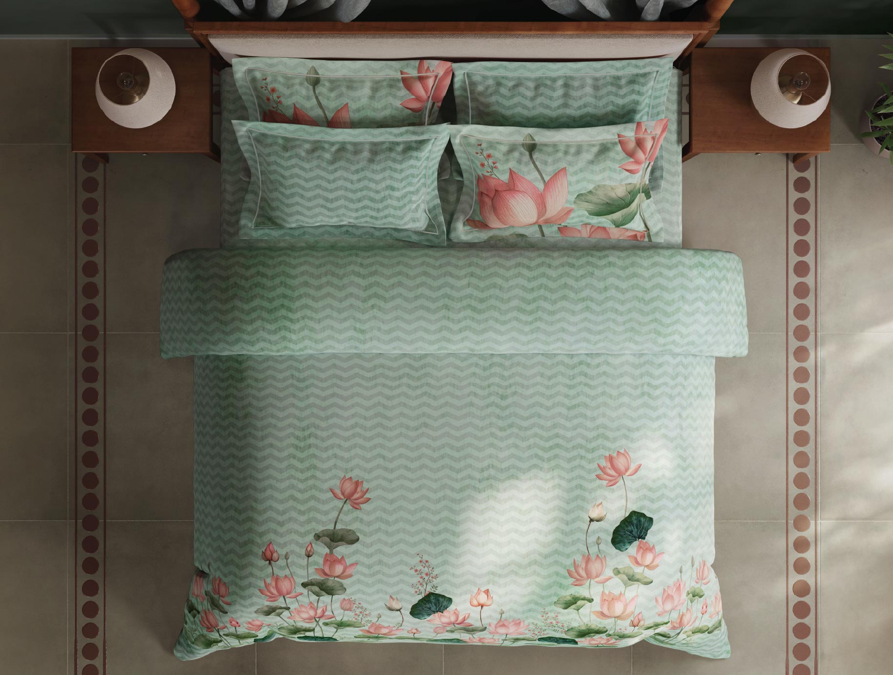 Spaces Meraki Blooms of India 100% Cotton 300 TC Sateen Floral Print Permium Large Bedsheet with 4 Pillow Covers, Light Aqua