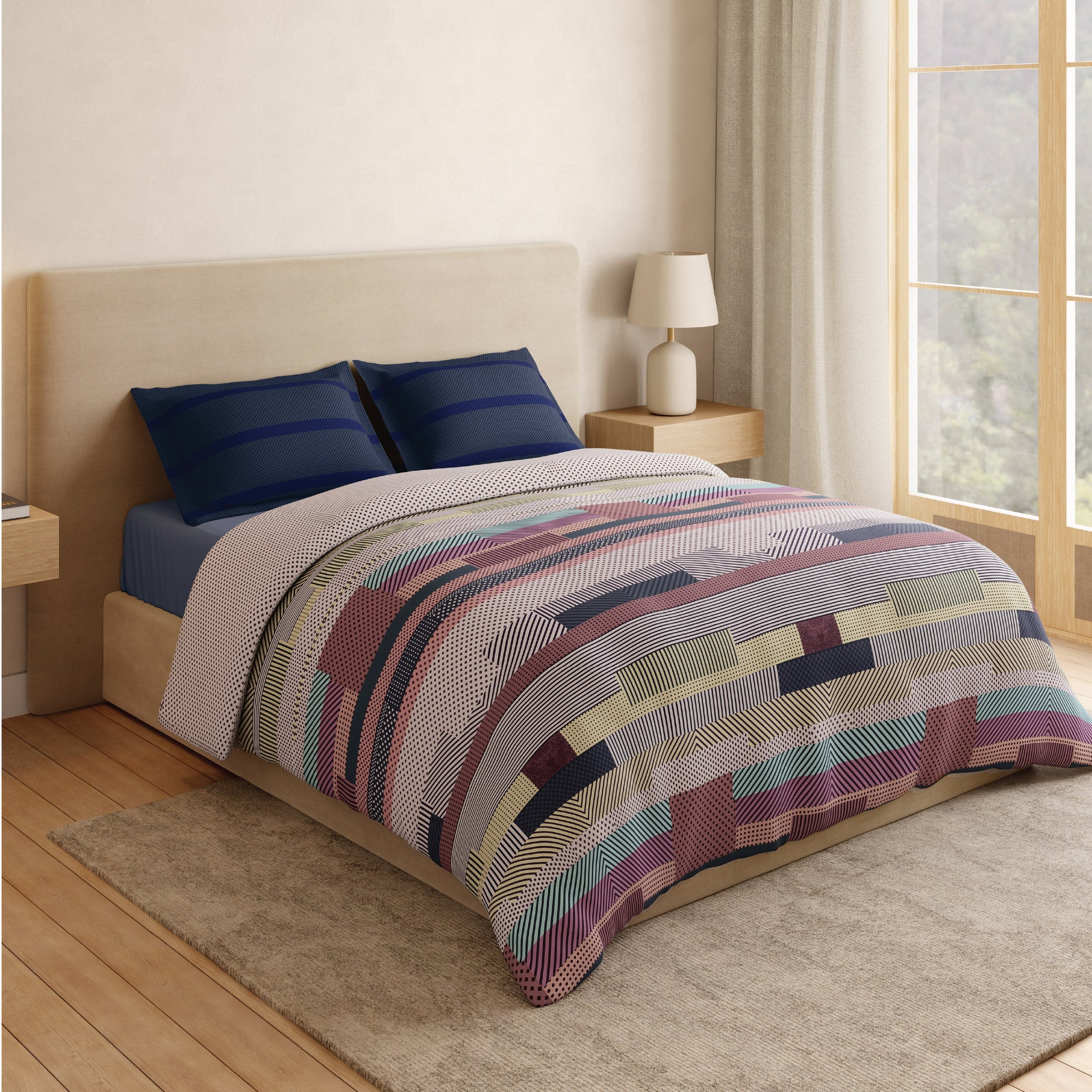 Spaces Vortex 100% Cotton 180 TC Percale Geometric Permium Large Bedsheet with 4 Pillow Covers, Taupe