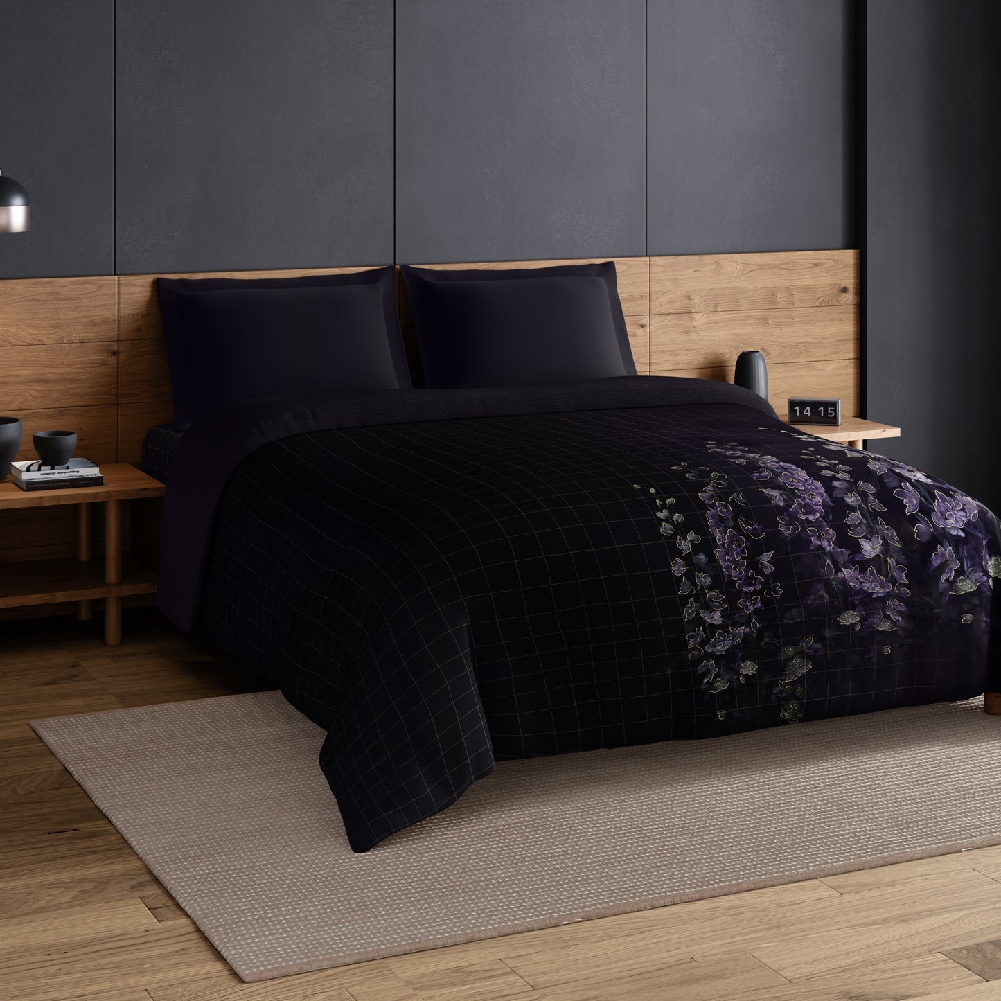 Spaces Elegance Noir 100% Cotton Double Quilt, 210TC, Floral, Dark Grey