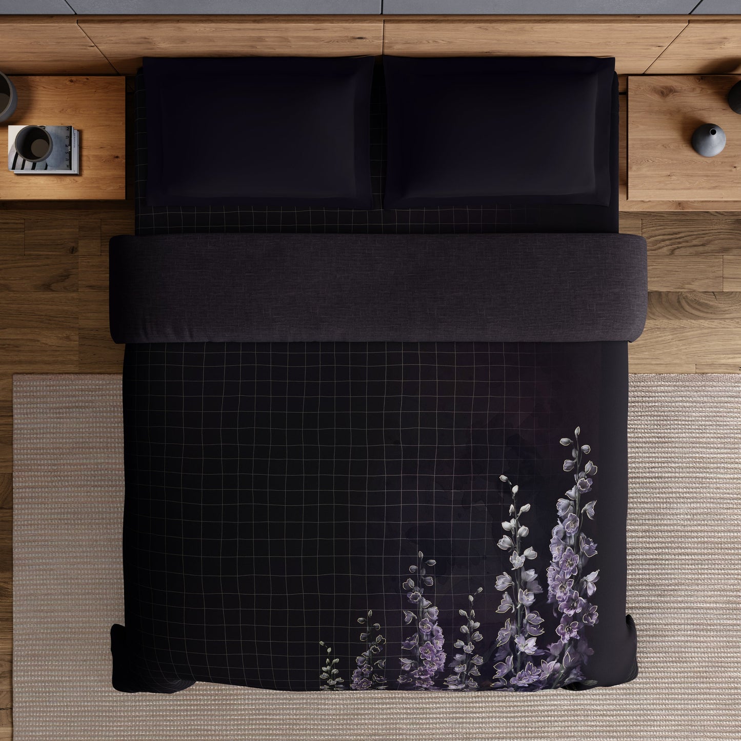 Spaces Elegance Noir 100% Cotton Double Quilt, 210TC, Floral, Dark Grey