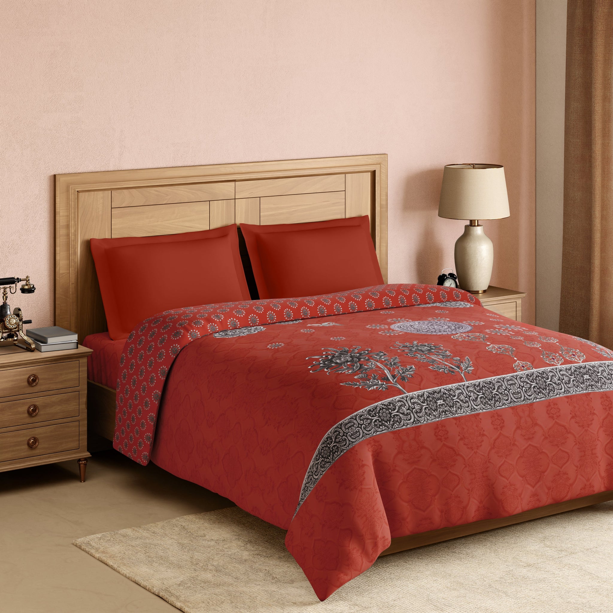 Spaces Rangana Digital 100% Cotton Double Quilt, 300 TC, Ornate, Coral
