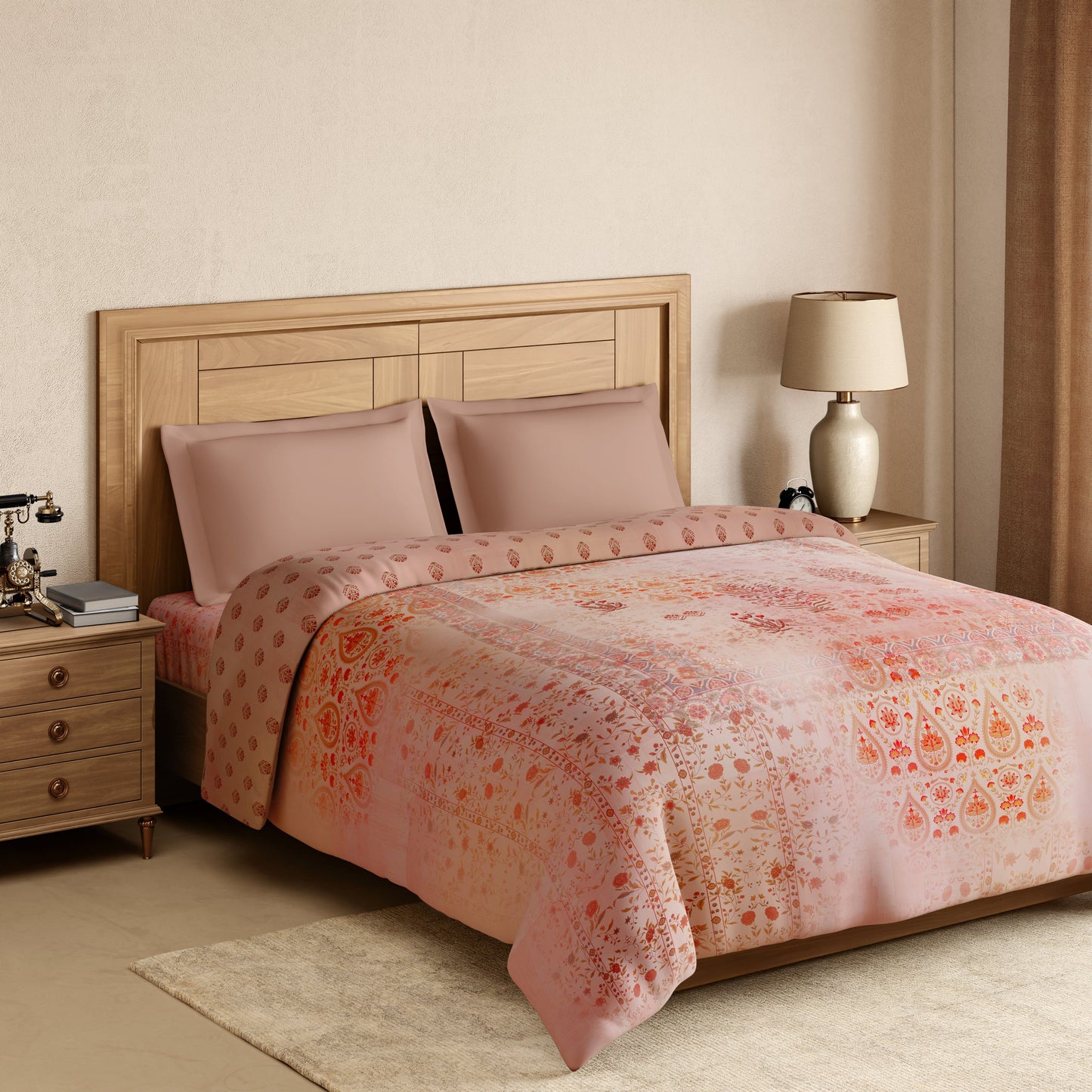 Spaces Rangana Digital 100% Cotton Double Quilt, 300 TC, Ornate, Light Pink