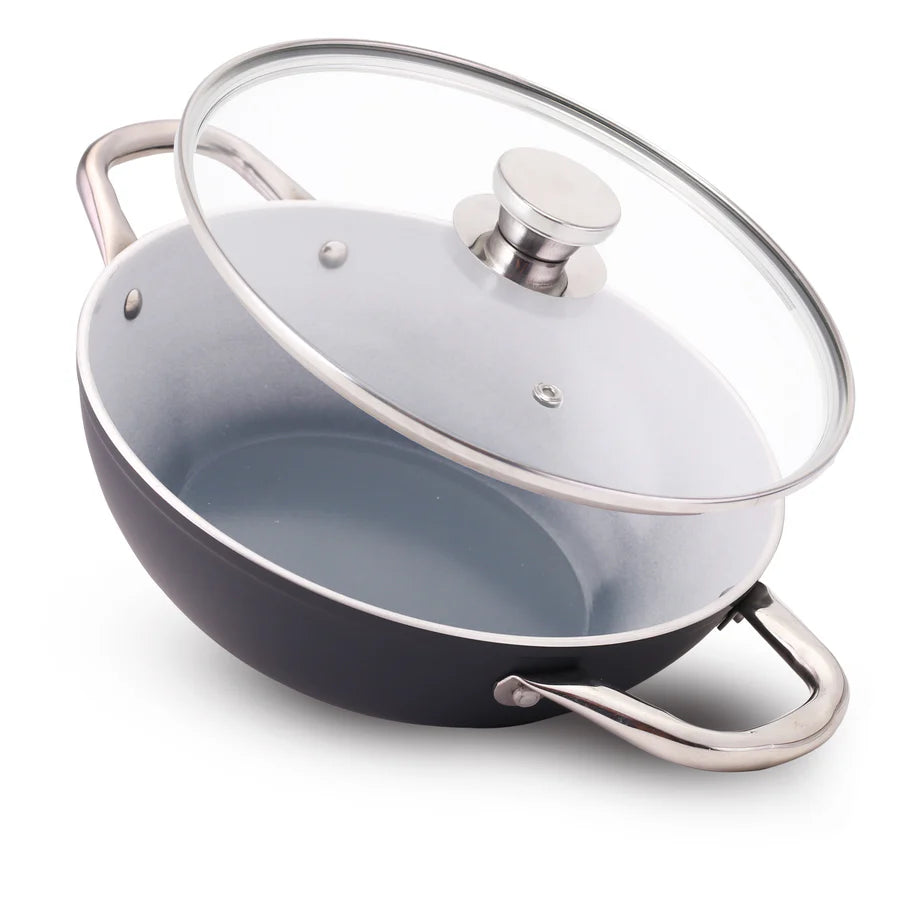 Wonderchef Eco-Glide Ceramic Kadhai with Glass Lid