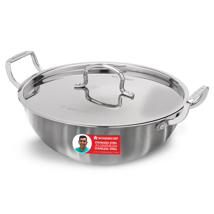 Wonderchef Stella Triply Stainless Steel Kadhai with Lid  28 cm, 4.5 L