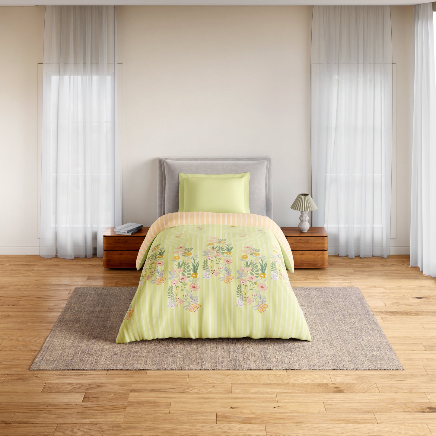 Spaces Essentials 100% Cotton Single Quilt, 144 TC, Floral, Light Green