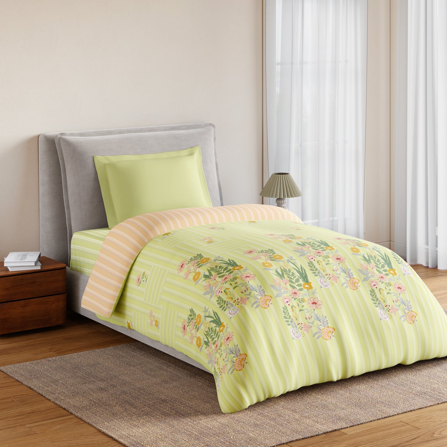 Spaces Essentials 100% Cotton Single Quilt, 144 TC, Floral, Light Green