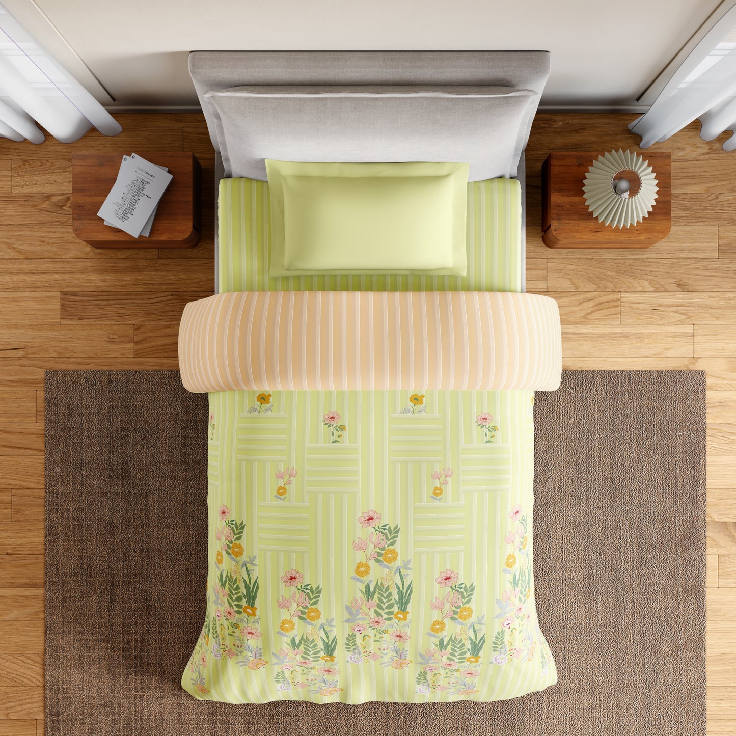 Spaces Essentials 100% Cotton Single Quilt, 144 TC, Floral, Light Green