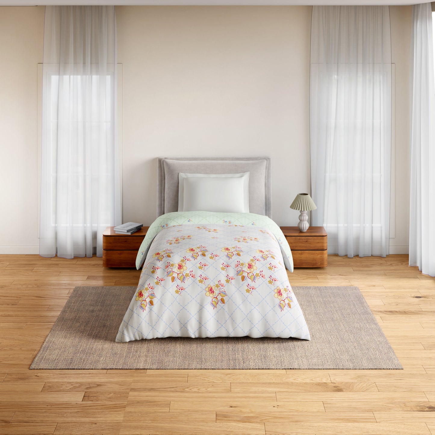 Spaces Essentials 100% Cotton Single Quilt, 144 TC, Floral, Light Grey