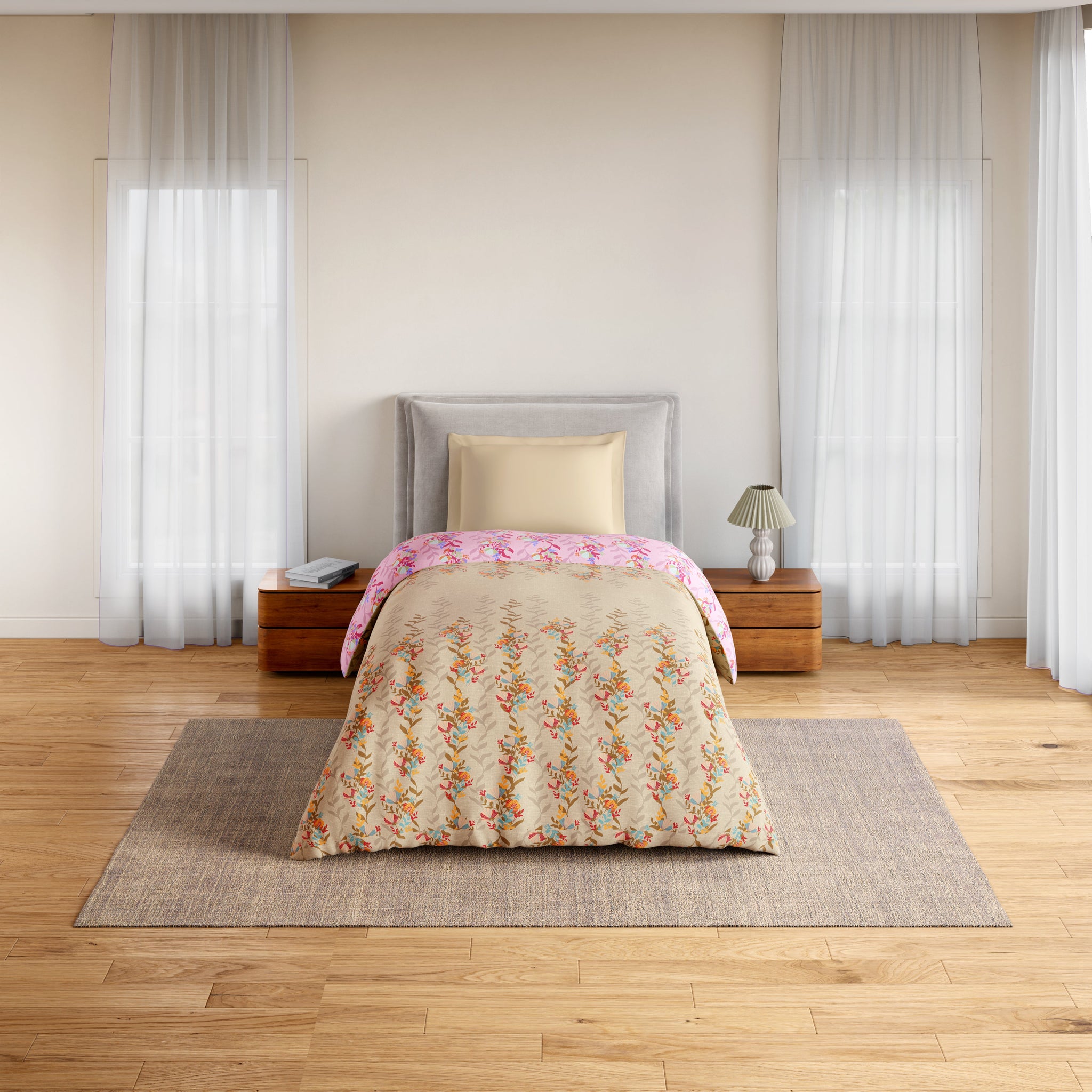 Spaces Essentials 100% Cotton Single Quilt, 144 TC, Floral, Light Taupe