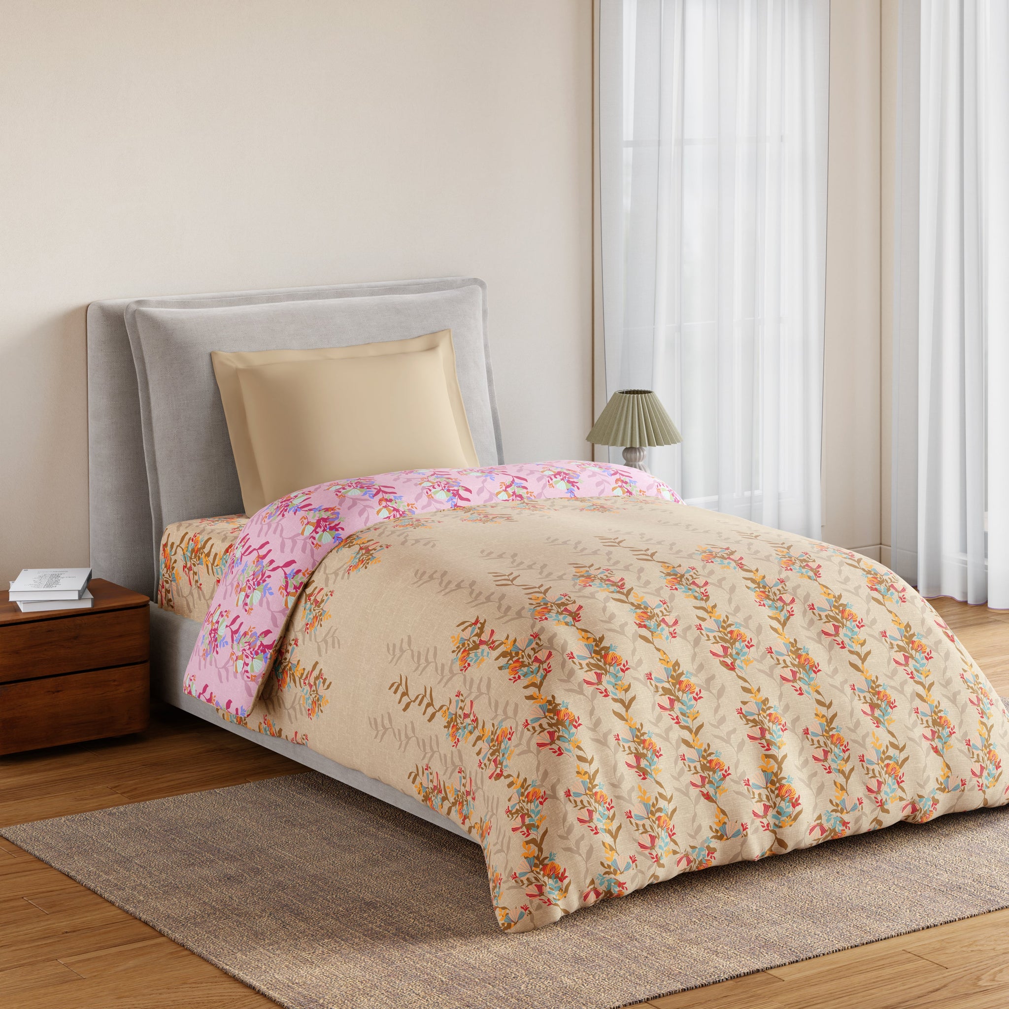 Spaces Essentials 100% Cotton Single Quilt, 144 TC, Floral, Light Taupe