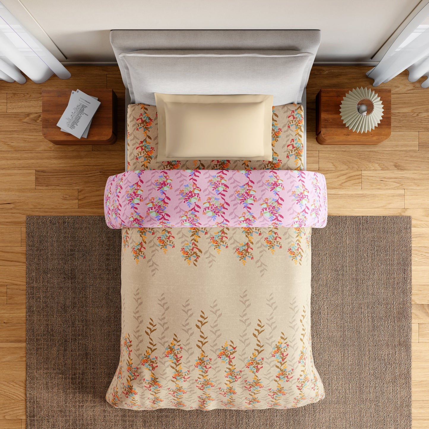 Spaces Essentials 100% Cotton Single Quilt, 144 TC, Floral, Light Taupe