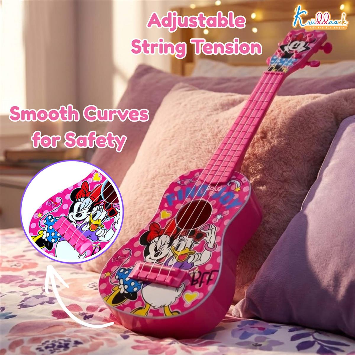 Kriiddaank Minnie Guitar Big - 4-String Musical Toy for Kids with Adjustable Tension