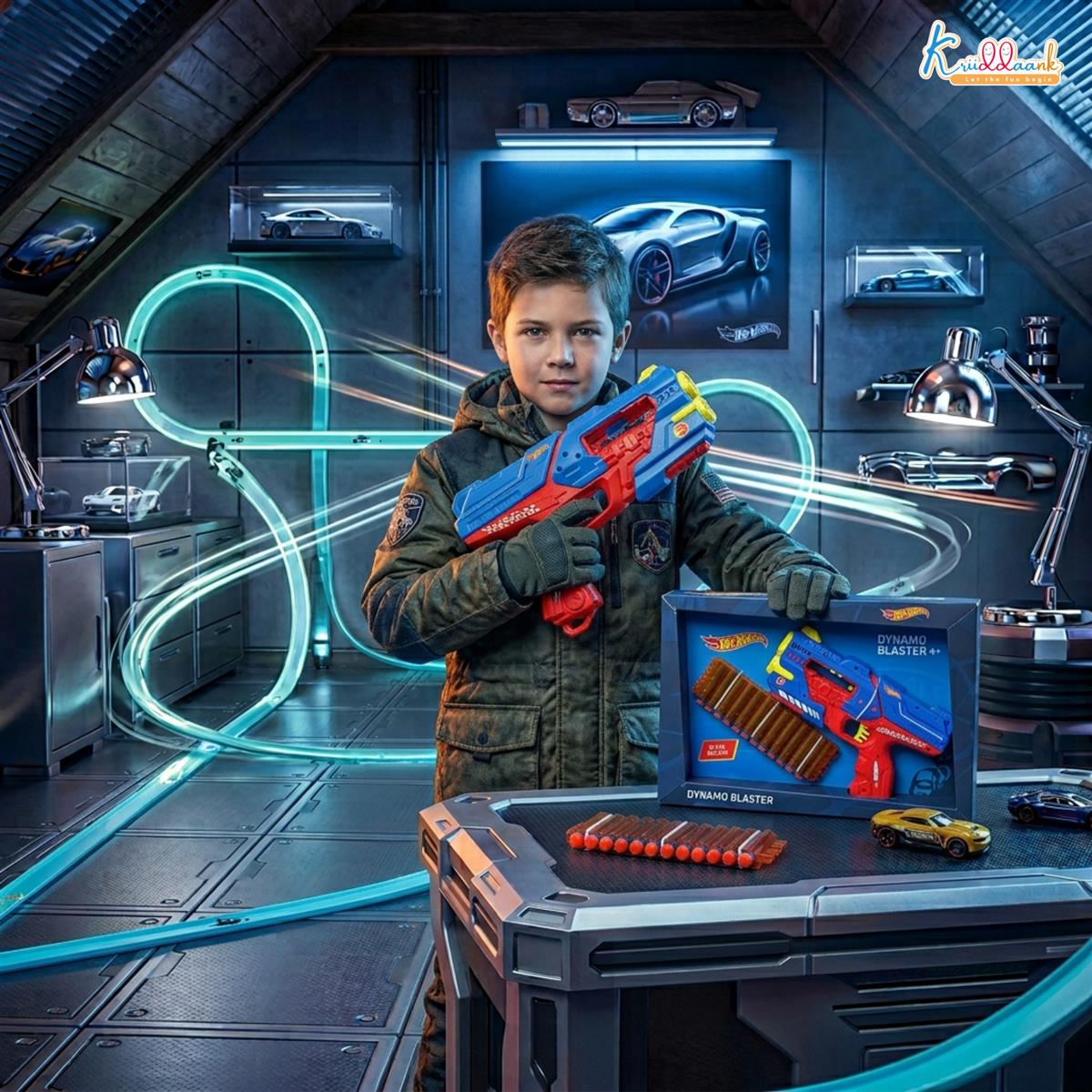 kriiddaank Hot Wheels Dynamo Blaster Toy Gun with 22 Soft Foam Bullets & 12-Dart Cartridge, Long Range Action