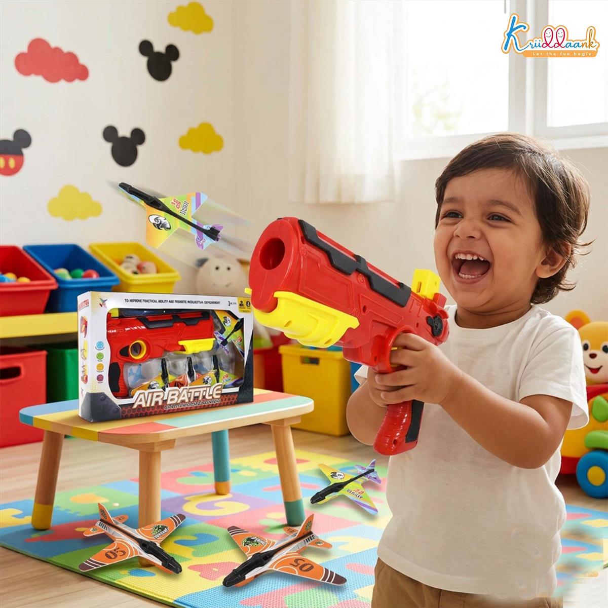 Kriiddaank Bullet Airplane Launcher Gun Playset with Sound for Kids | Soft Bullet Blaster Toy with 4 Foam Glider Planes