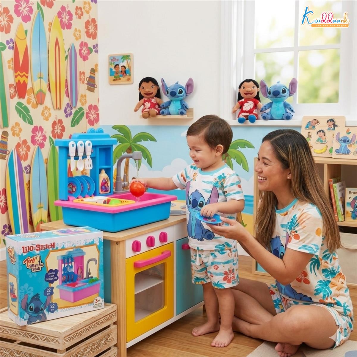Kriiddaank Stitch Toy Kitchen Sink Playset with Electric Faucet & Running Water - 22 Pcs
