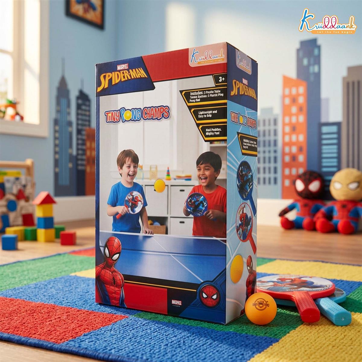 Kriiddaank Spiderman Tiny Pong Champs - Paddle Racket Set with Ball for Kids