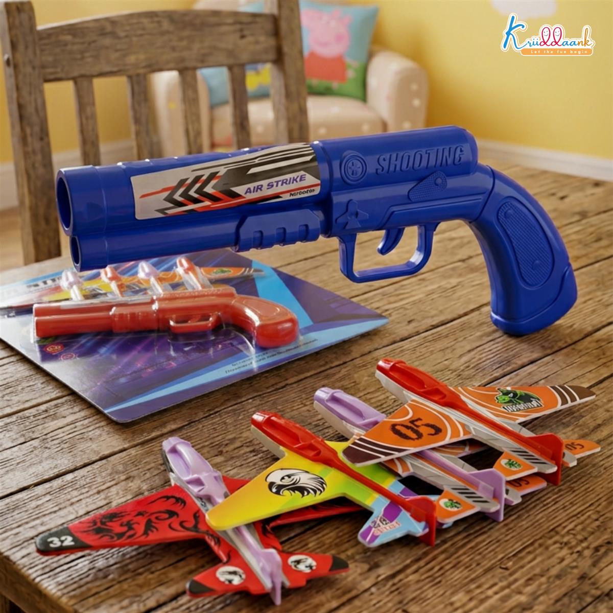 Kriiddaank Soft Aircraft Launcher Toy - Includes 4 Foam Glider Planes - Blue Manual Catapult Gun for Kids 3+ Years