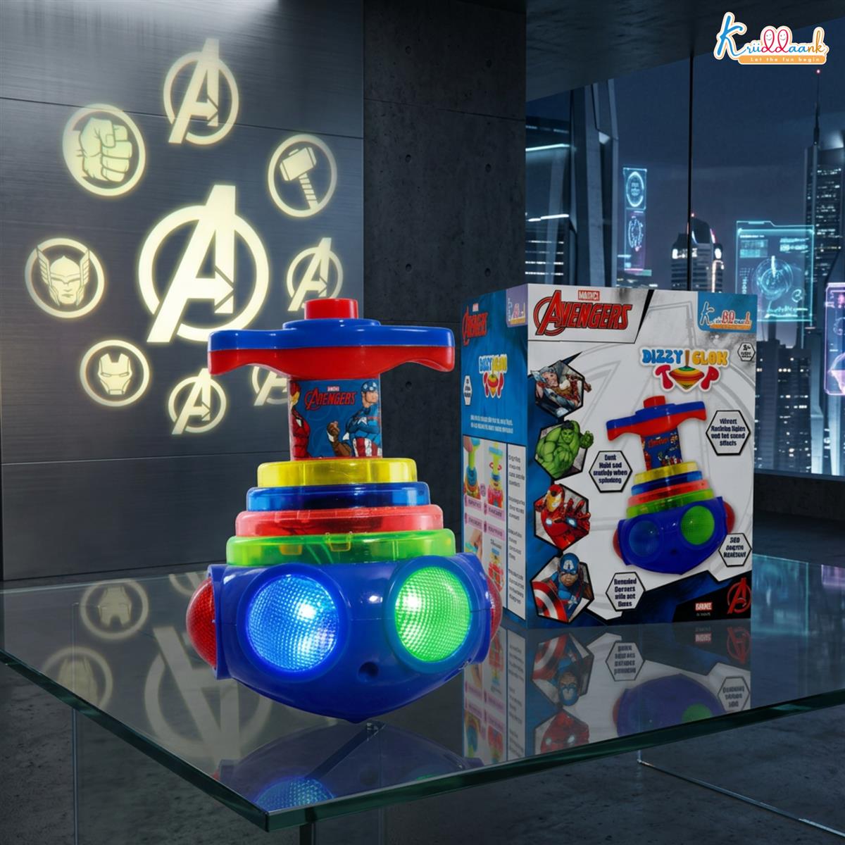 Kriiddaank Avengers Dizzy Glow Top - LED Light Up & Musical Spinning Toy for Kids