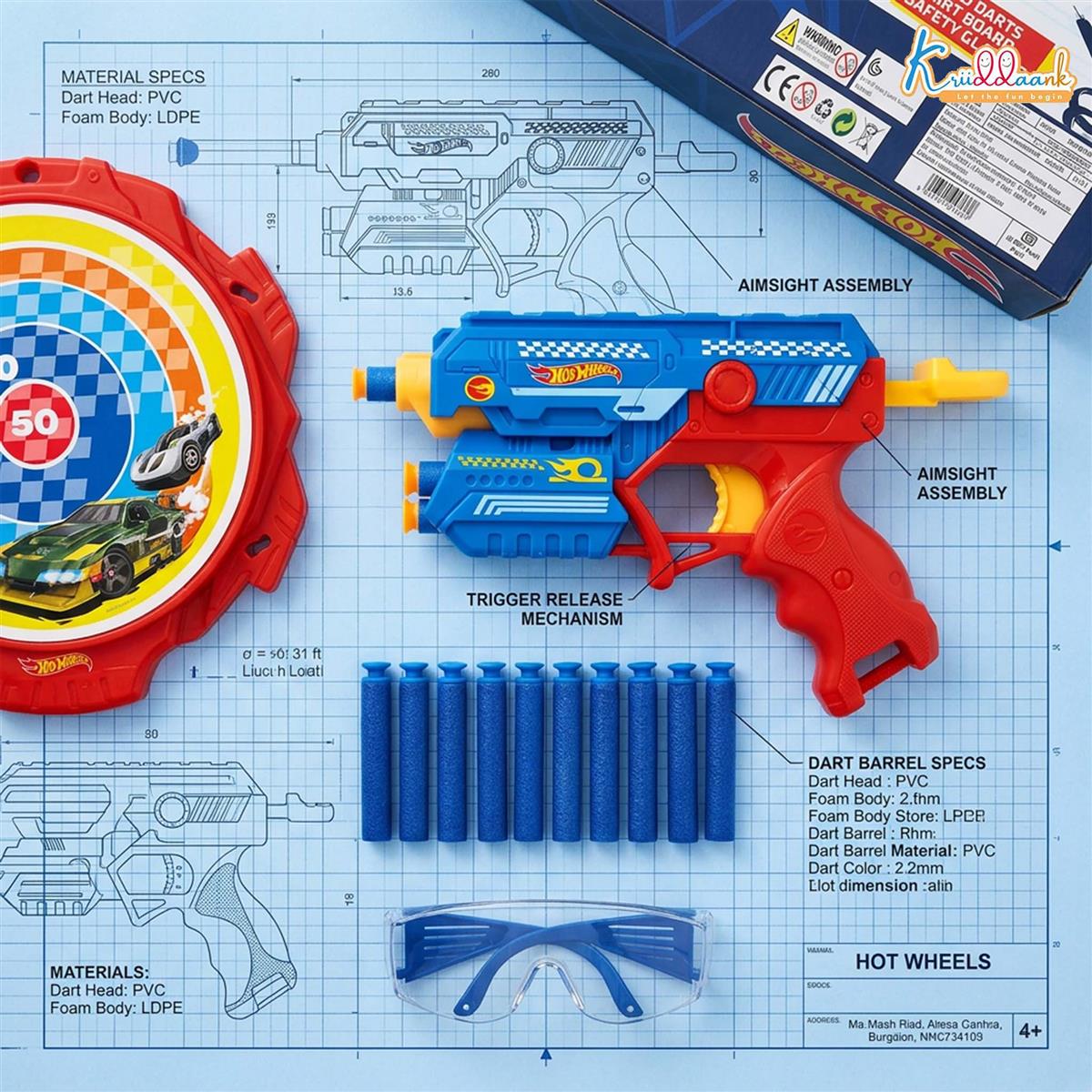 kriiddaank Hot Wheels Blaster Gun Toy for Kids - Soft Bullet Foam Blaster with 10 Darts, Target Board & Safety Glasses