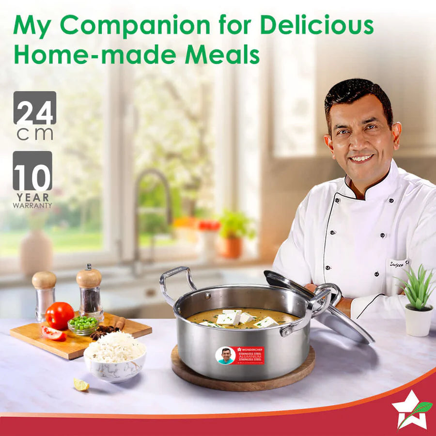 Wonderchef Stella Triply Stainless Steel Casserole with Lid | 24 cm, 4.5 L