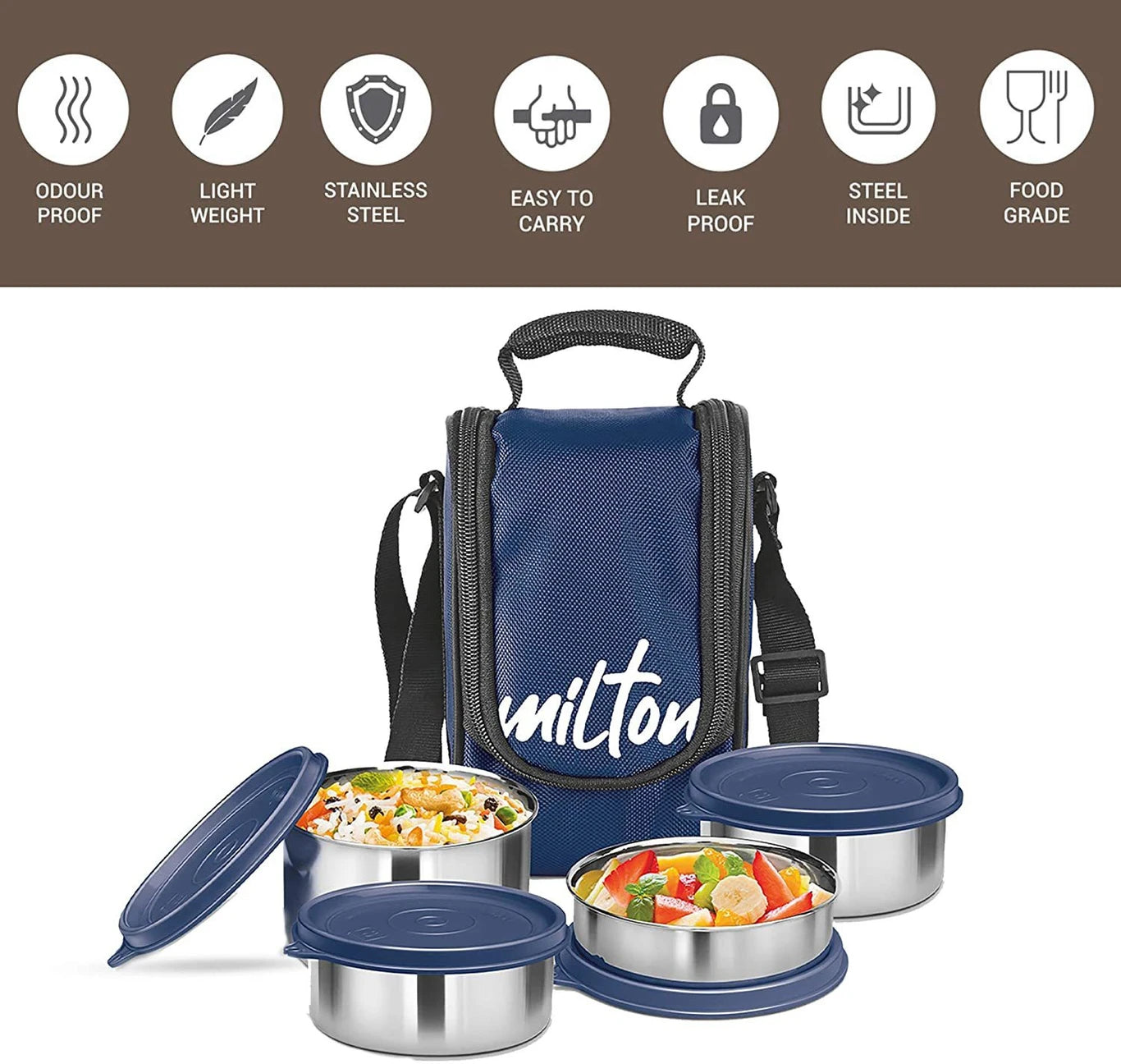 Milton Tasty Lunch Steel Tiffin Box Blue 4pcs set