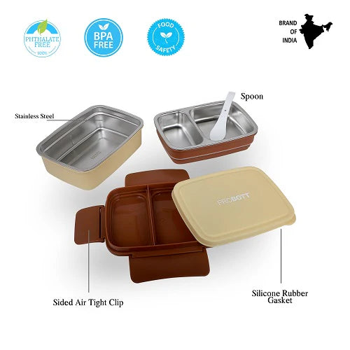 Probott Double Decker  Stainless Steel Lunch Box Beige & Brown 1300ml