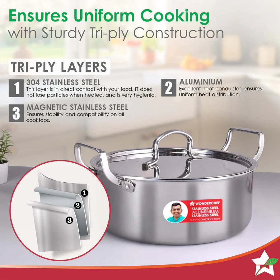 Wonderchef  Stella Triply Stainless Steel Casserole with Lid  3.5L, 22cm