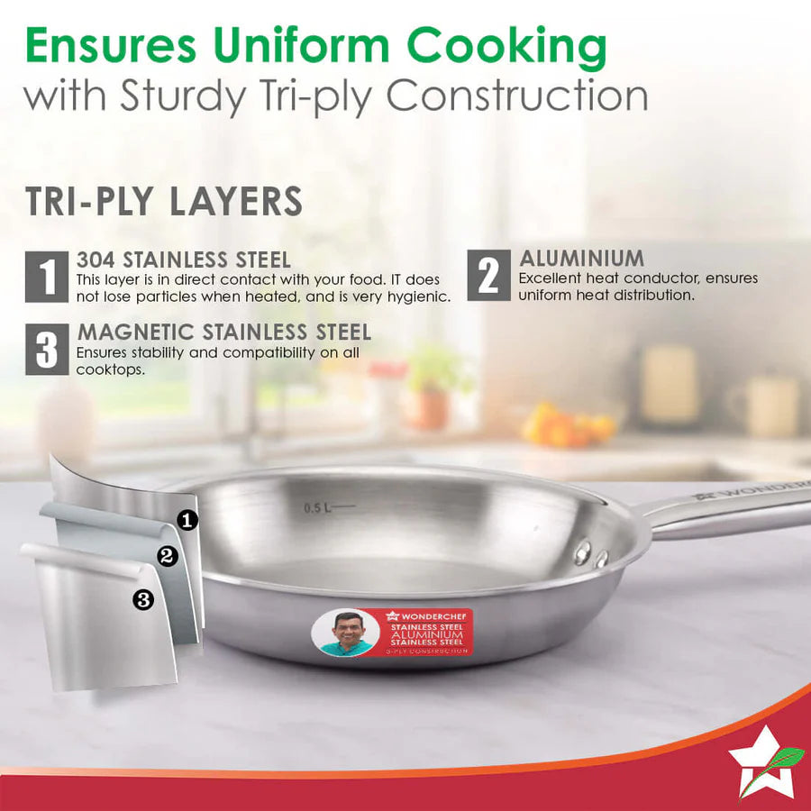 Wonderchef Stella Triply Stainless Steel Fry Pan | 24 cm, 1.7 L