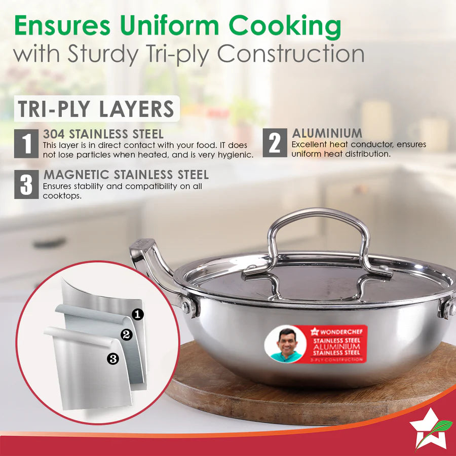 Wonderchef Stella Triply Stainless Steel Kadhai with Lid 24 cm, 3 L