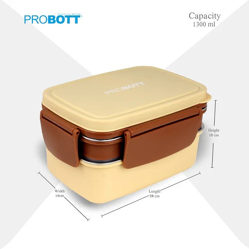 Probott Double Decker  Stainless Steel Lunch Box Beige & Brown 1300ml