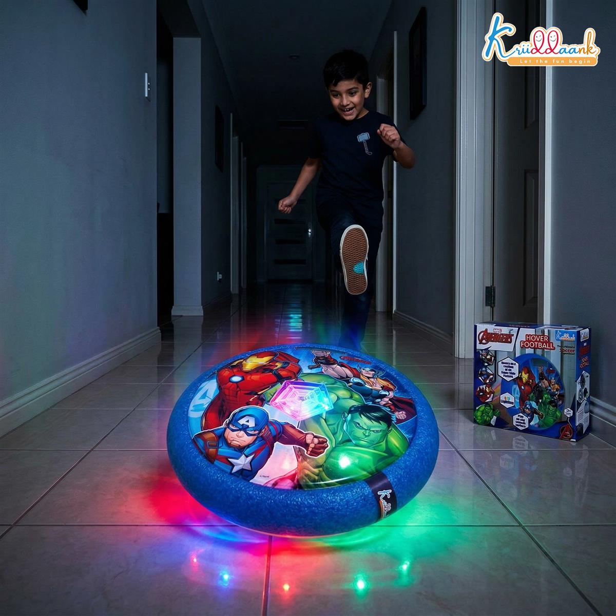 Kriiddank Marvel Avengers Hover Football Theme Air Power Soccer Ball with LED Lights & Foam Bumper