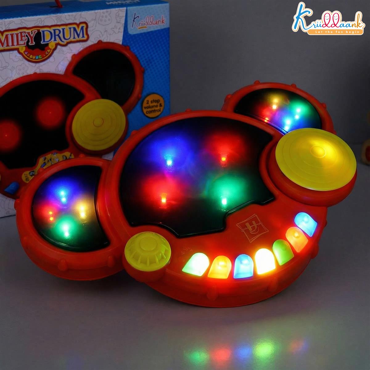 Kriiddank  Smiley Drum Musical Toy for Kids with 3 Drum Pads, Cymbal & Flashing 3D Lights