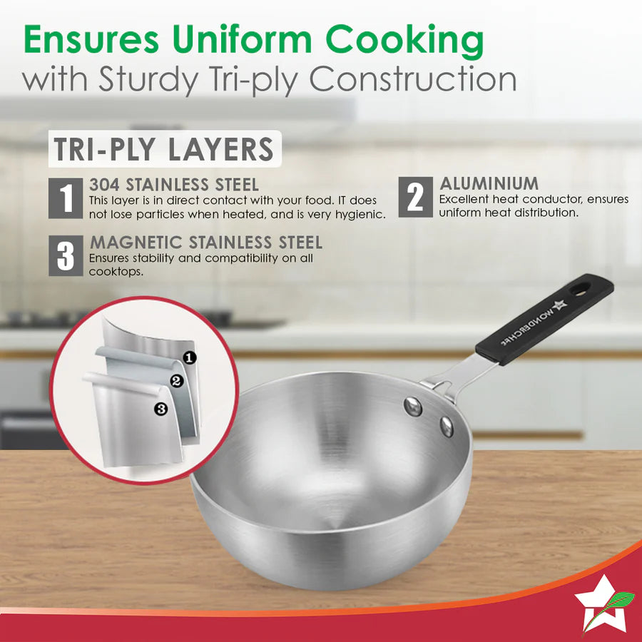 Wonderchef Venice Tri-ply Stainless-steel Mini Wok Tadka Pan | 650 ml, 14 cm