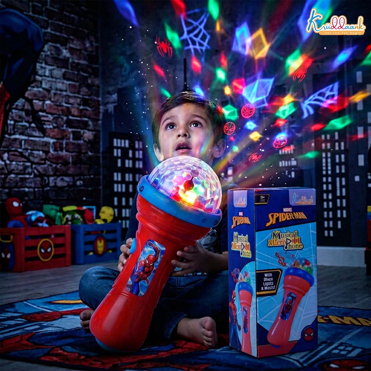 Kriiddaank Spiderman Musical Karaoke Microphone for Kids with Rotating Disco Lights & Projector