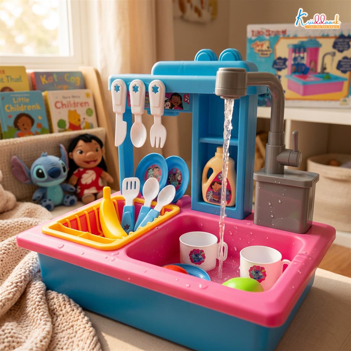Kriiddaank Stitch Toy Kitchen Sink Playset with Electric Faucet & Running Water - 22 Pcs