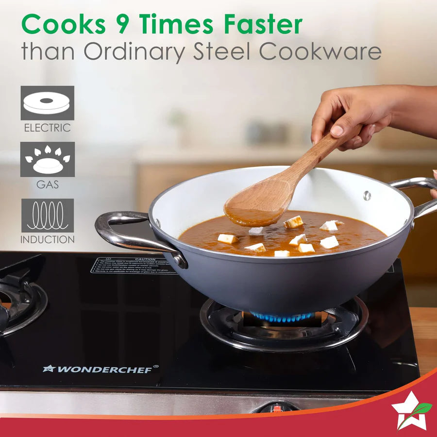 Wonderchef Eco-Glide Ceramic Kadhai with Glass Lid