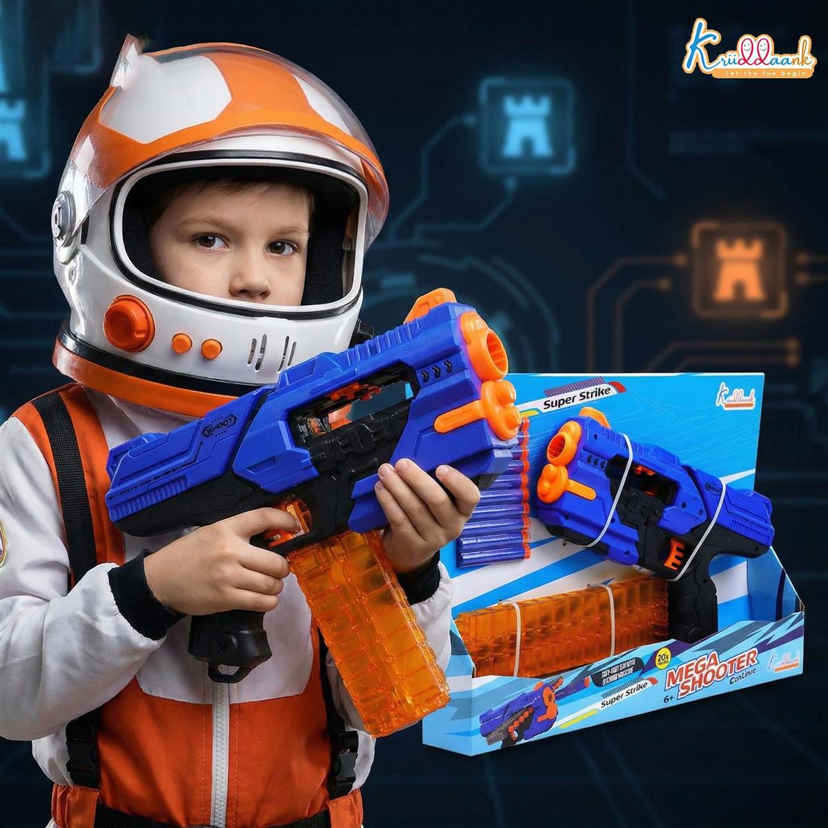 Mega Shooter Blaster Toy for Kids - Soft Bullet Gun with 12 Foam Darts, Long Range Shooting Toy, Safe Pretend Play Blaster for Boys and Girls 3+ Years, Multicolor