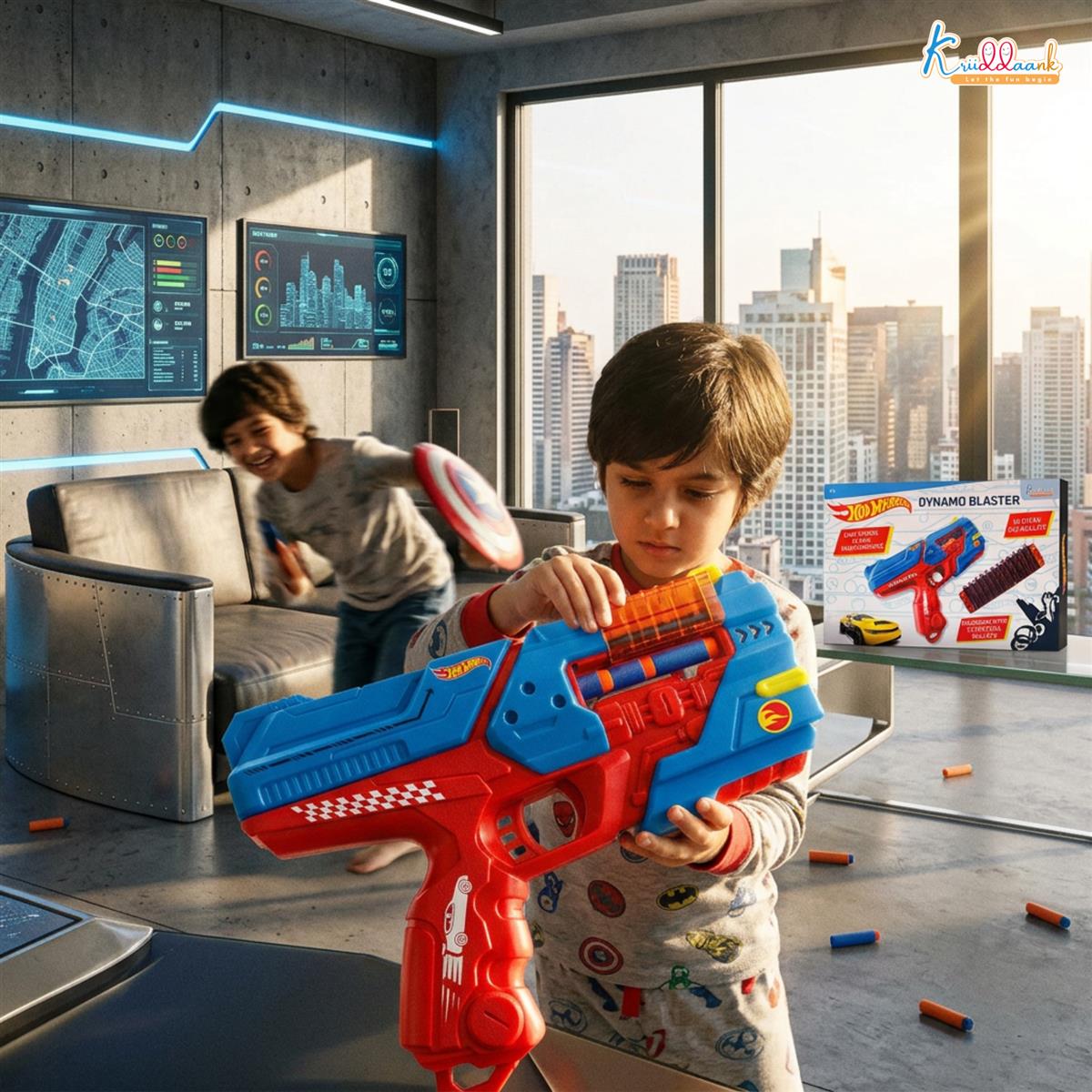 kriiddaank Hot Wheels Dynamo Blaster Toy Gun with 22 Soft Foam Bullets & 12-Dart Cartridge, Long Range Action