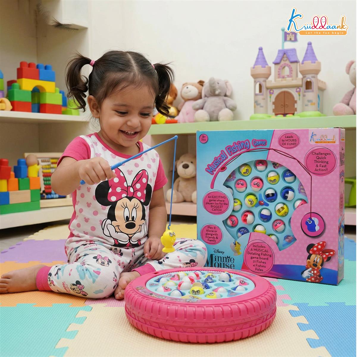 Kriiddaank Minnie Kriiddaank Mouse Musical Fishing Game - Rotating Battery Operated Pond with 21 Fish & 4 Fishing Poles