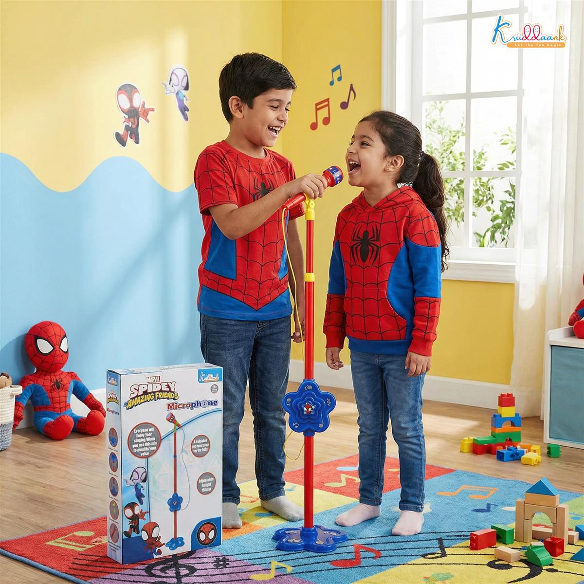 Kriiddaank Spiderman Microphone Stand for Kids - Portable Karaoke Set with Adjustable Stand (up to 106cm)