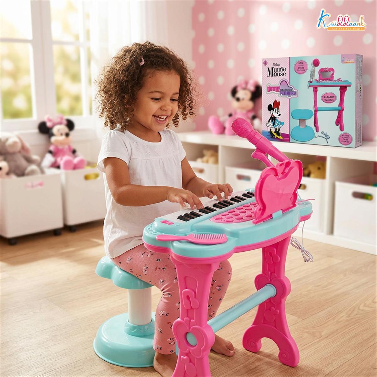 Kriiddaank Minnie Mouse Little Pianist Keyboard for Girls â€“ Musical Toy with Microphone, Stool & Dress
