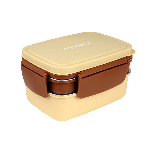 Probott Double Decker  Stainless Steel Lunch Box Beige & Brown 1300ml