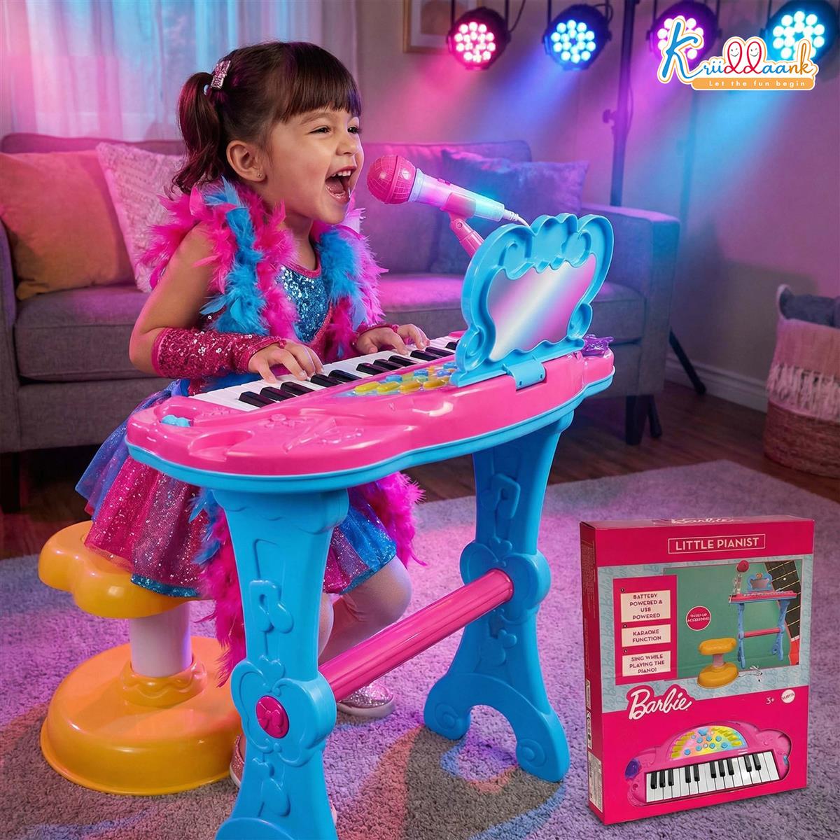 Kriiddaank Mattel Barbie Theme Little Pianist Keyboard with Microphone & Stool
