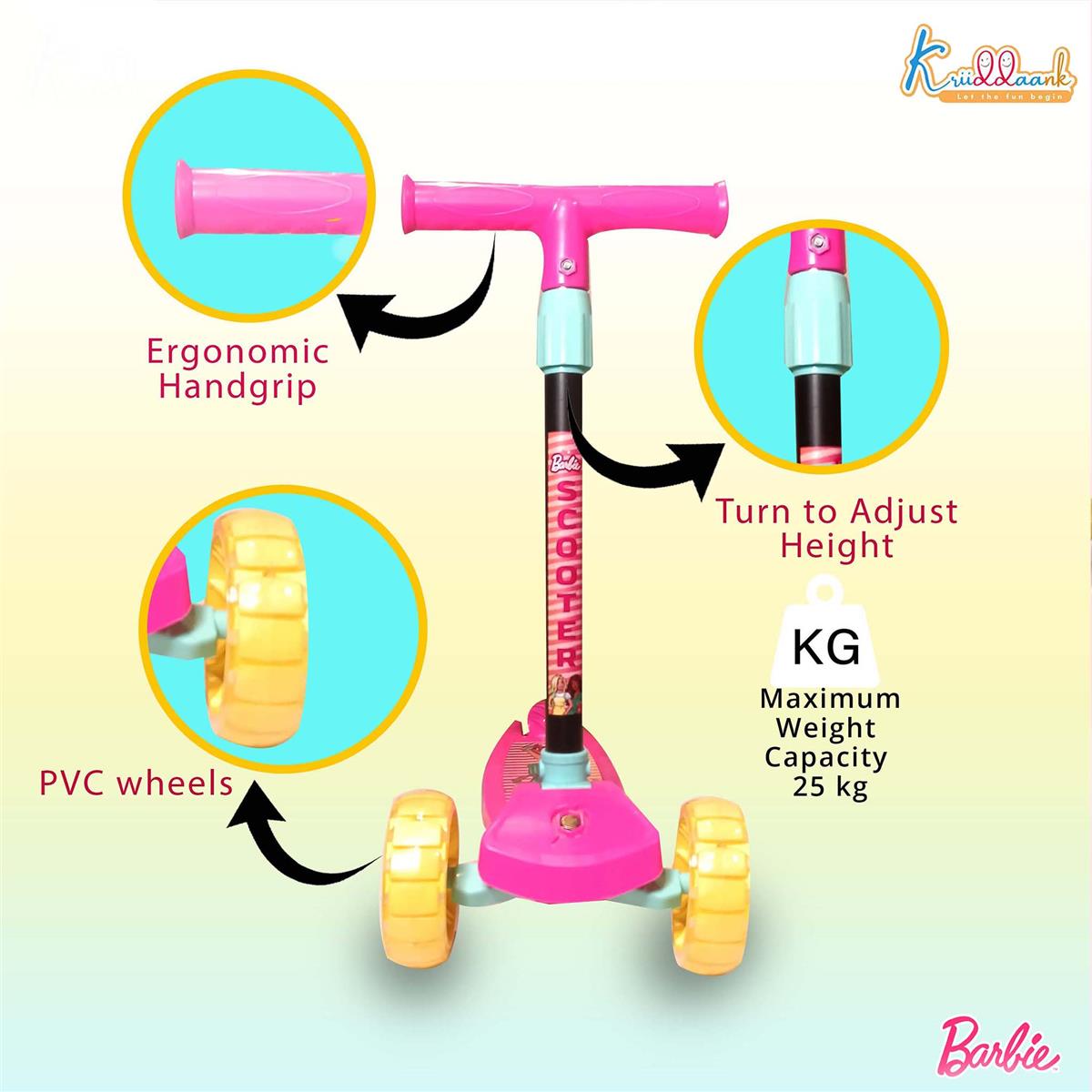 Kriiddaank Barbie Adventure 3-Wheel Kick Scooter for Kids (Ages 3-12), 5-Level