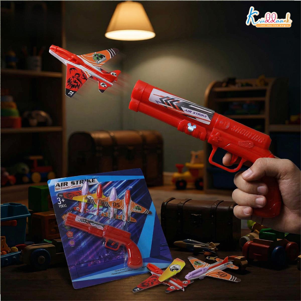 Kriiddaank Soft Aircraft Launcher Toy - Includes 4 Foam Glider Planes - Blue Manual Catapult Gun for Kids 3+ Years