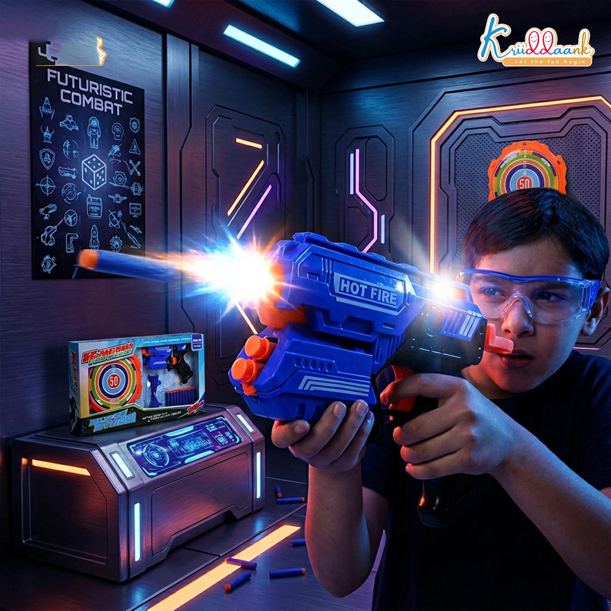 Kriiddaank X Hero Soft Bullet Blaster Gun Toy for Kids with 10 Foam Darts, Target Board, and Safety Glasses