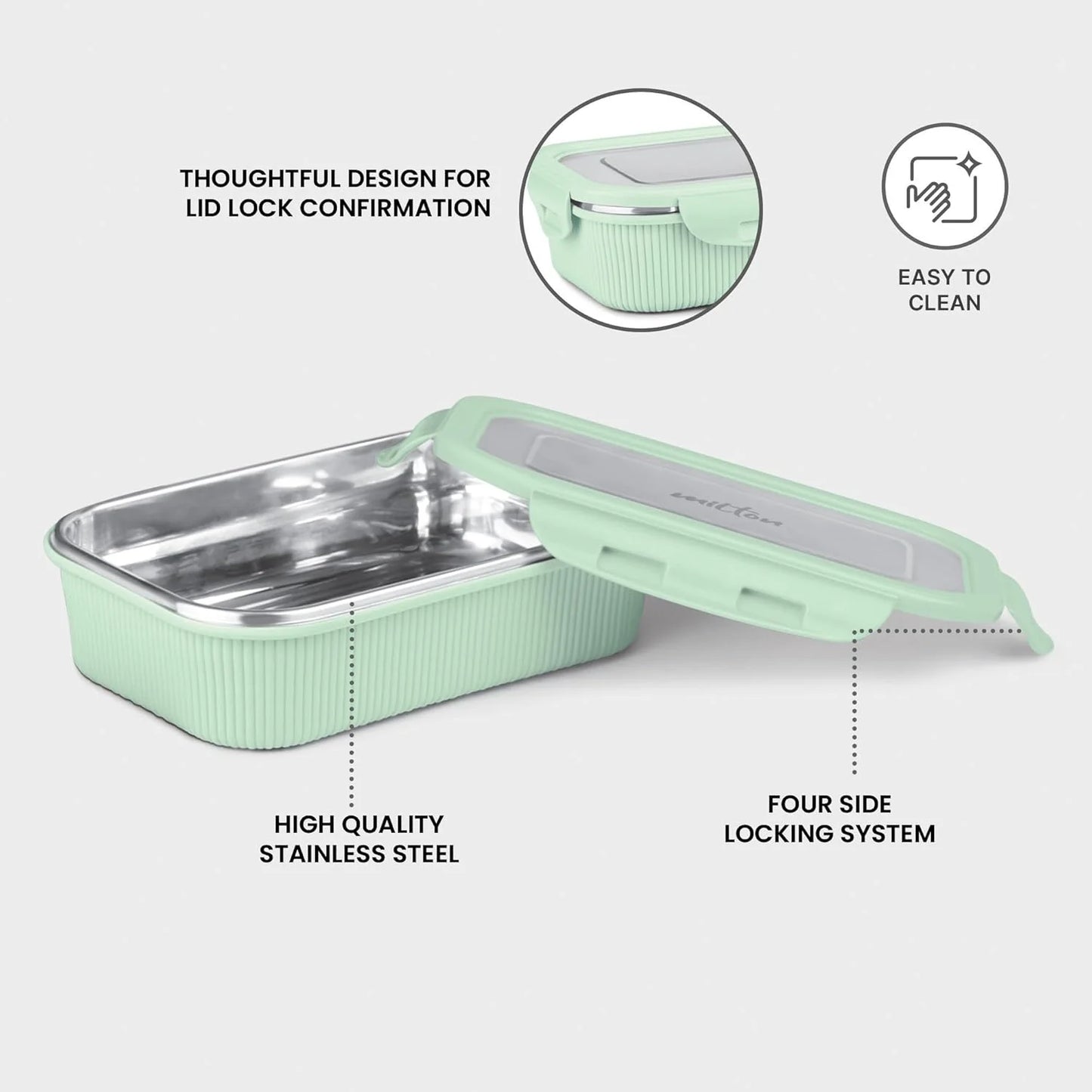 Milton Borosilicate Clip Fresh Rib Square Container Aqua Green 400ML