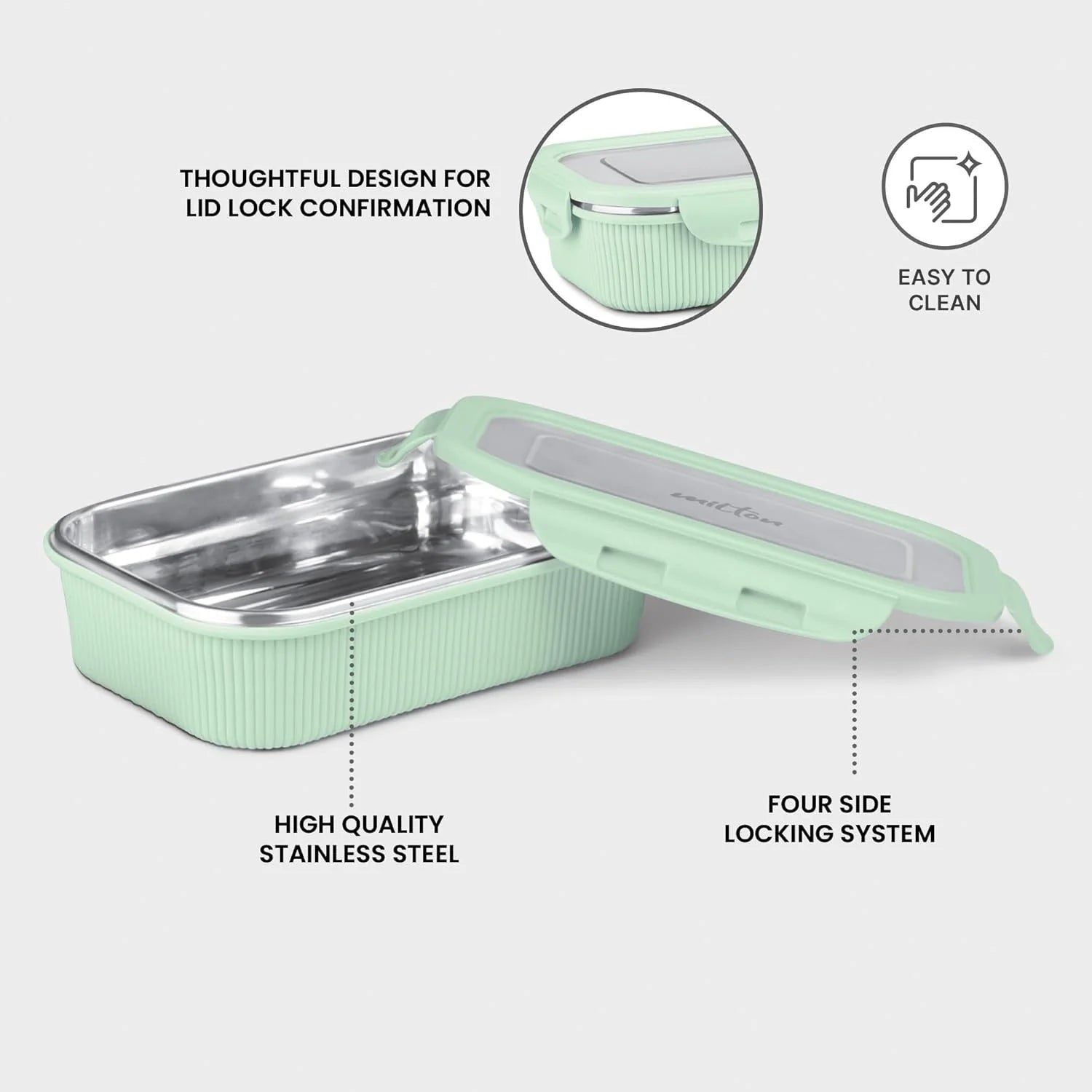 Milton Borosilicate Clip Fresh Rib Square Container Aqua Green 400ML