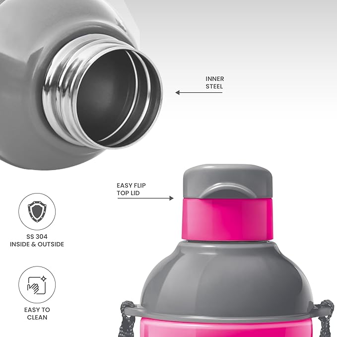 Milton Steel Barbie Kids Sipper Bottle Pinik And  Grey 600ML